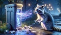 A curious raccoon interacting with a hologram of a trash can. Generative AI Illustration